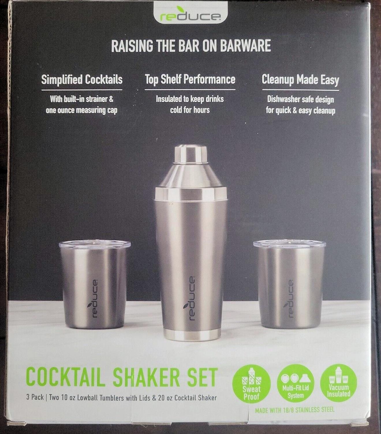 Wholesale Lot of Reduce 3 Pc Cocktail Shaker with Two 10-oz. Lowball Tumblers with Lids Stainless Steel Brand New